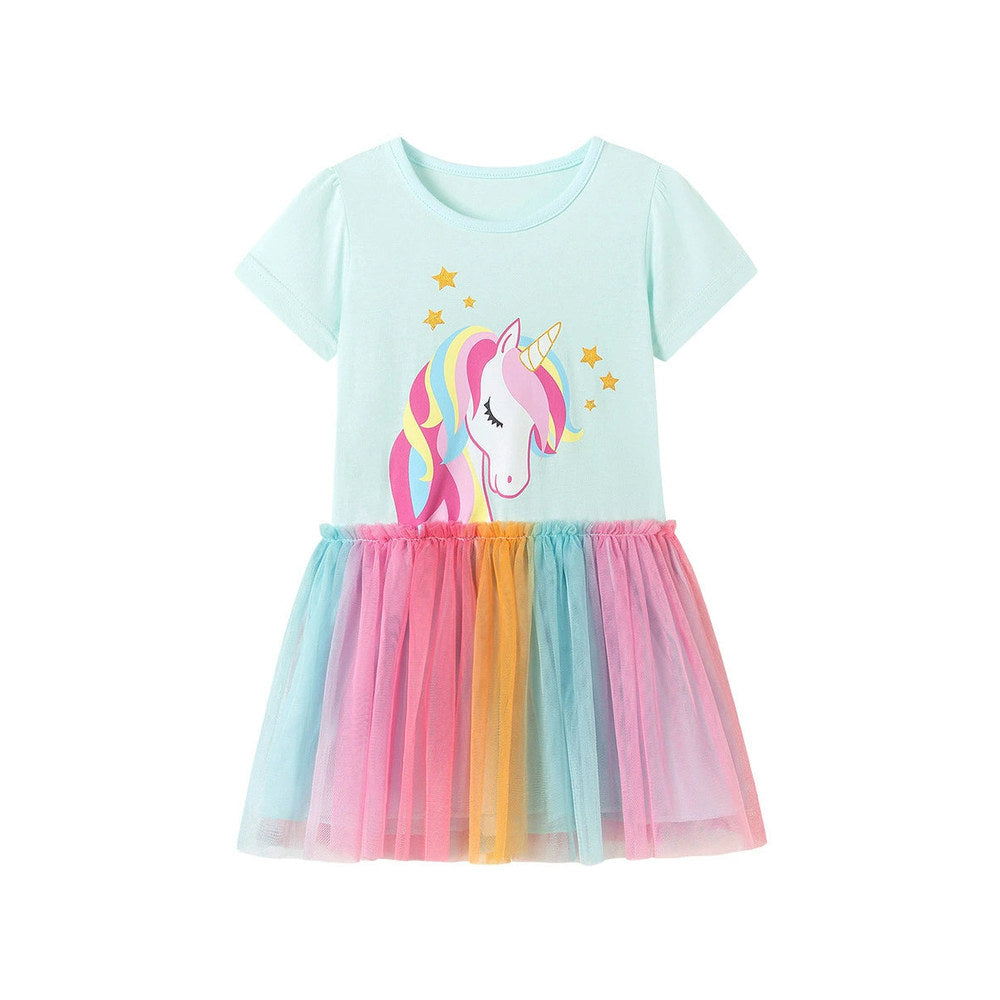 MyKids-USA® Cartoon Pattern Short Sleeves Tulle Patchwork Dress for Stylish Girls