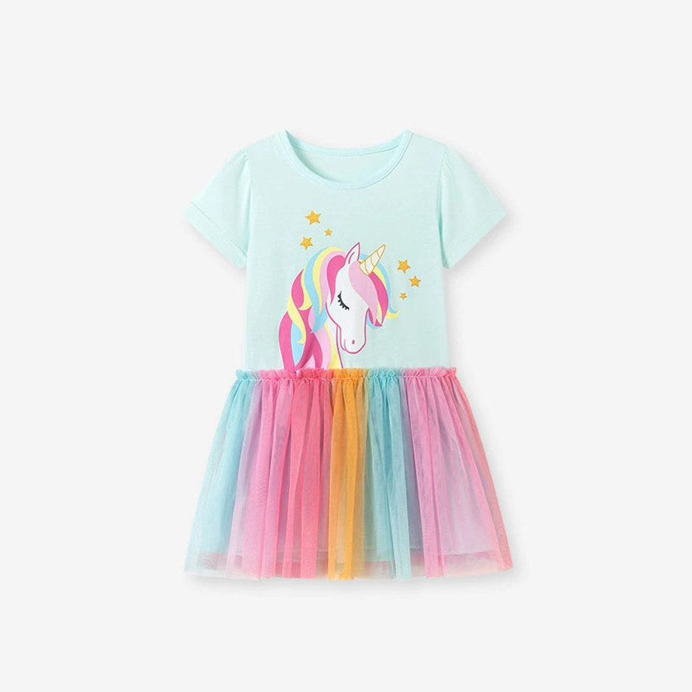 MyKids-USA® Cartoon Pattern Short Sleeves Tulle Patchwork Dress for Stylish Girls