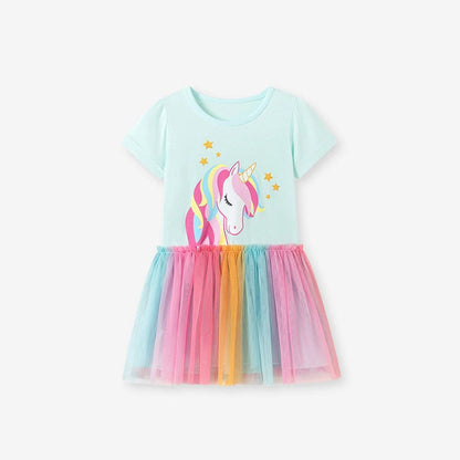 MyKids-USA® Cartoon Pattern Short Sleeves Tulle Patchwork Dress for Stylish Girls