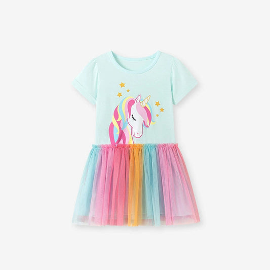 MyKids-USA® Cartoon Pattern Short Sleeves Tulle Patchwork Dress for Stylish Girls
