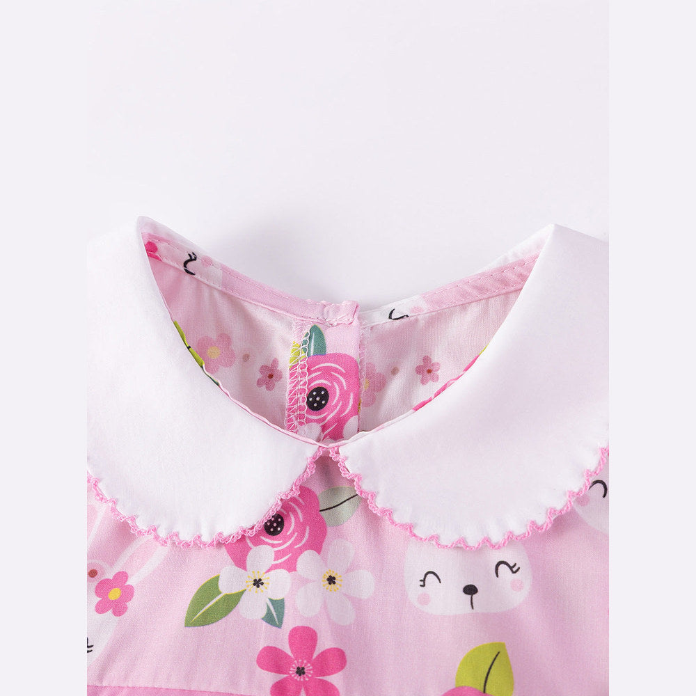 MyKids-USA® Flowers and Cartoon Pattern Short Sleeves Dress for Stylish Girls