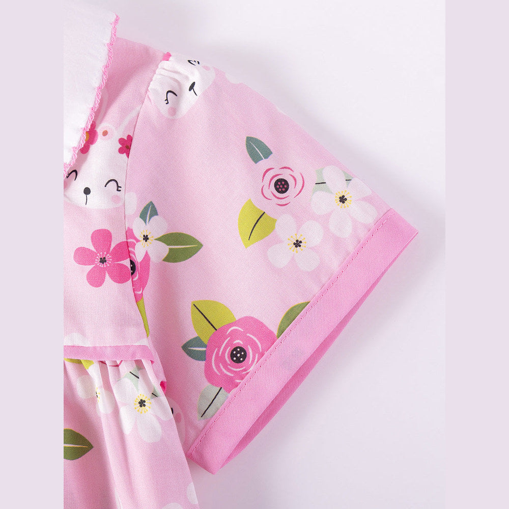 MyKids-USA® Flowers and Cartoon Pattern Short Sleeves Dress for Stylish Girls