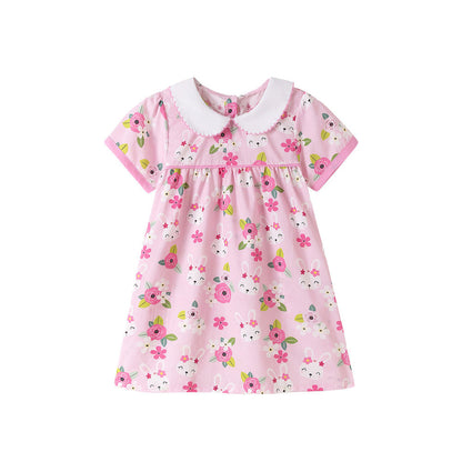 MyKids-USA® Flowers and Cartoon Pattern Short Sleeves Dress for Stylish Girls