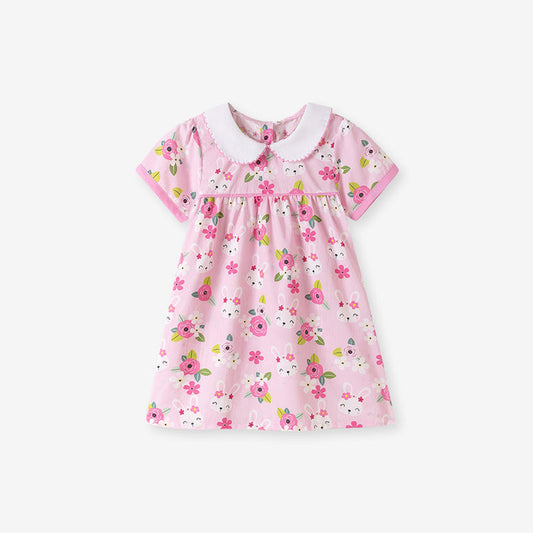 MyKids-USA® Flowers and Cartoon Pattern Short Sleeves Dress for Stylish Girls