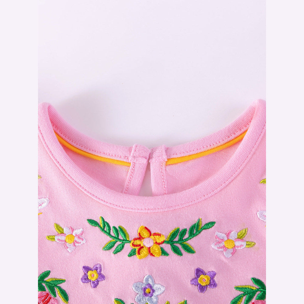 MyKids-USA® Flowers Pattern Embroidered Short Sleeves Dress for Stylish Girls