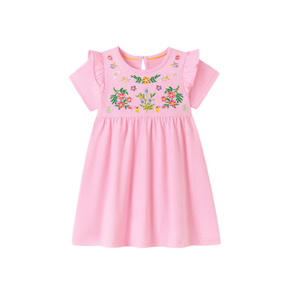 MyKids-USA® Flowers Pattern Embroidered Short Sleeves Dress for Stylish Girls