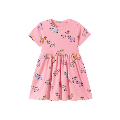 MyKids-USA® Summer Arrival Animals Cartoon Pattern Short Sleeves Crew Neck Dress for Stylish Girls