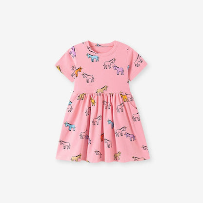 MyKids-USA® Summer Arrival Animals Cartoon Pattern Short Sleeves Crew Neck Dress for Stylish Girls