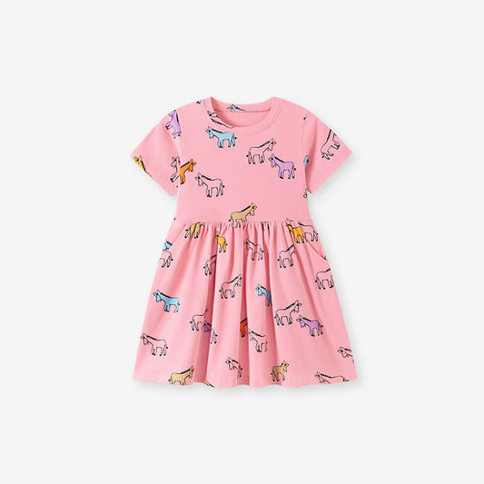 MyKids-USA® Animals Cartoon Pattern Short Sleeves Crew Neck Dress for Stylish Girls