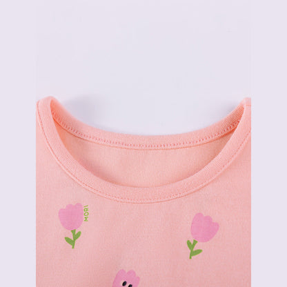 MyKids-USA® Summer Arrival Flowers Cartoon Pattern Short Sleeves Crew Neck Dress for Stylish Girls