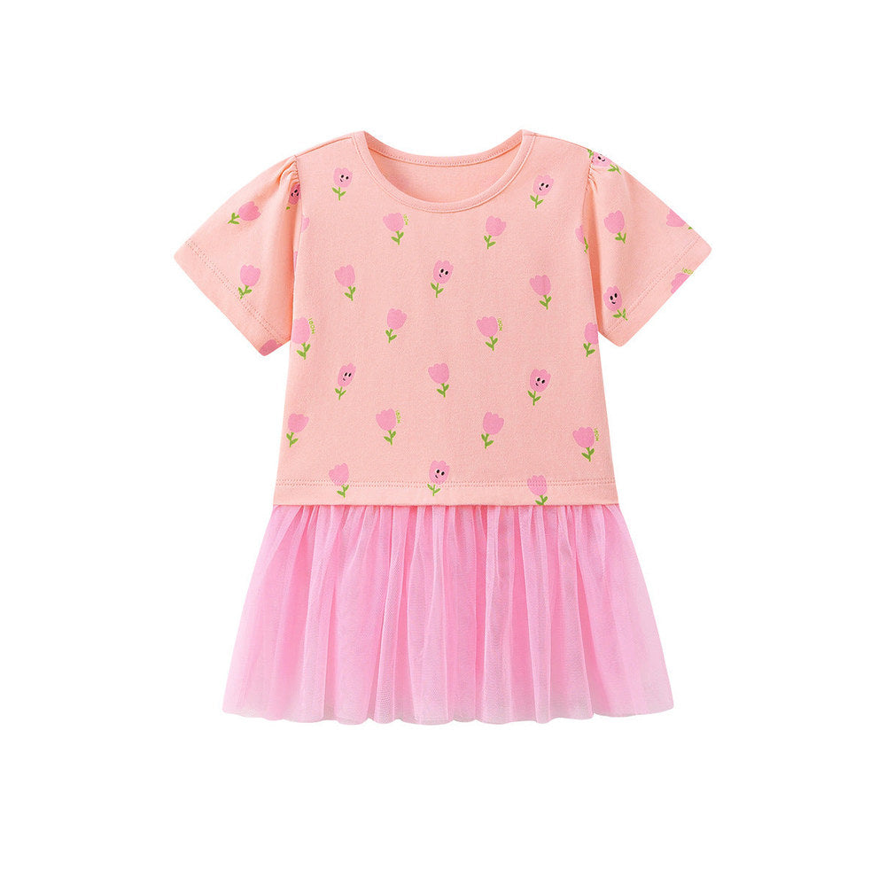 MyKids-USA® Summer Arrival Flowers Cartoon Pattern Short Sleeves Crew Neck Dress for Stylish Girls