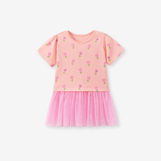 MyKids-USA® Flowers Cartoon Pattern Short Sleeves Crew Neck Dress for Stylish Girls