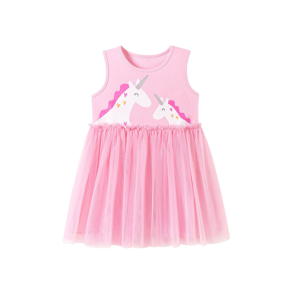 MyKids-USA® Summer Arrival Unicorn Cartoon Pattern Sleeveless Crew Neck Dress for Stylish Girls