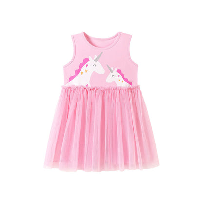 MyKids-USA® Summer Arrival Unicorn Cartoon Pattern Sleeveless Crew Neck Dress for Stylish Girls
