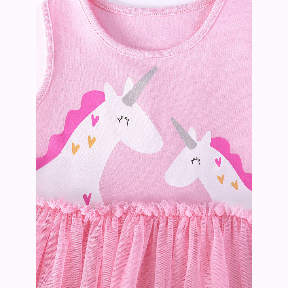 MyKids-USA® Summer Arrival Unicorn Cartoon Pattern Sleeveless Crew Neck Dress for Stylish Girls