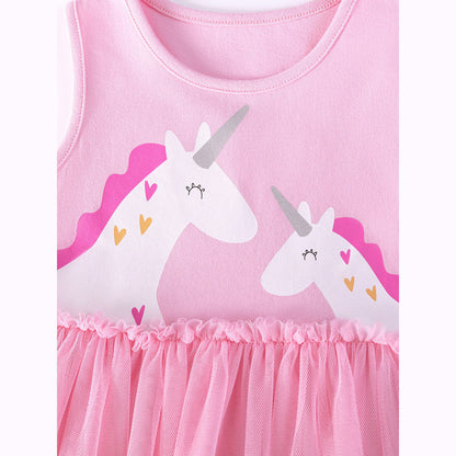MyKids-USA® Summer Arrival Unicorn Cartoon Pattern Sleeveless Crew Neck Dress for Stylish Girls