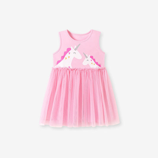 MyKids-USA® Unicorn Cartoon Pattern Sleeveless Crew Neck Dress for Stylish Girls