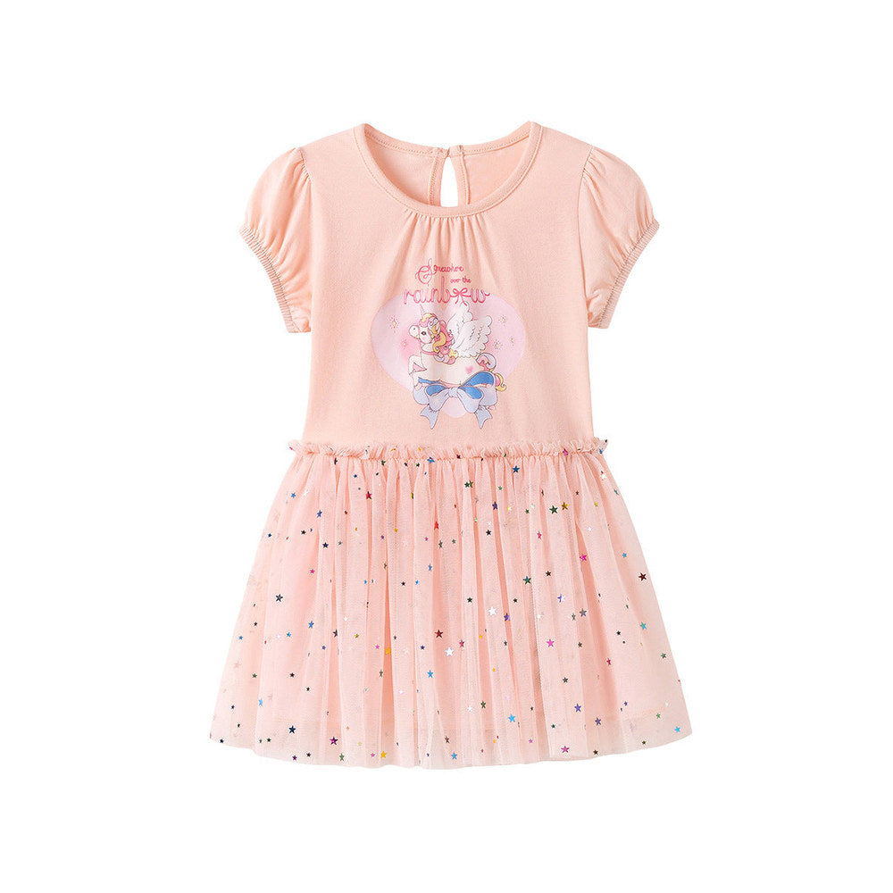 MyKids-USA® Cartoon and Stars Pattern Short Sleeves Crew Neck Dress for Stylish Girls