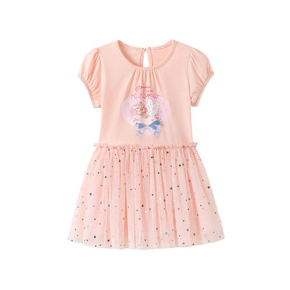 MyKids-USA® Cartoon and Stars Pattern Short Sleeves Crew Neck Dress for Stylish Girls