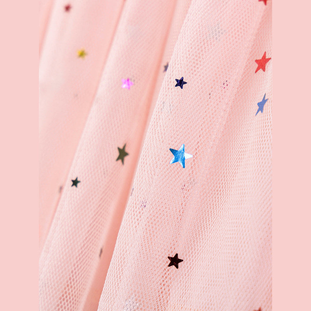 MyKids-USA® Cartoon and Stars Pattern Short Sleeves Crew Neck Dress for Stylish Girls
