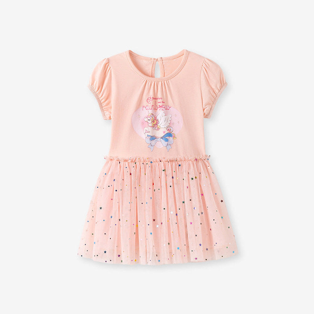 MyKids-USA® Cartoon and Stars Pattern Short Sleeves Crew Neck Dress for Stylish Girls