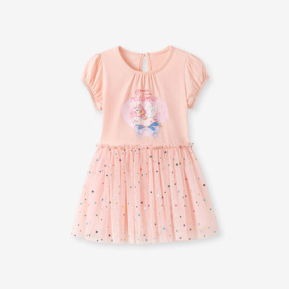 MyKids-USA® Cartoon and Stars Pattern Short Sleeves Crew Neck Dress for Stylish Girls