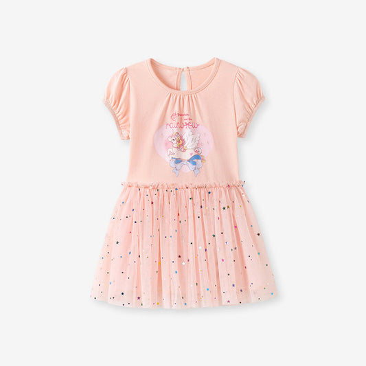MyKids-USA® Cartoon and Stars Pattern Short Sleeves Crew Neck Dress for Stylish Girls