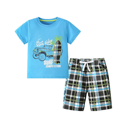 MyKids-USA® Baby Kids Boys Short Sleeves Cars Pattern T-shirt and Plaid Shorts Clothing Set