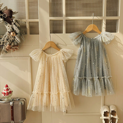MyKids-USA® Baby Girls Fly Sleeves Stars Pattern Tulle Dress