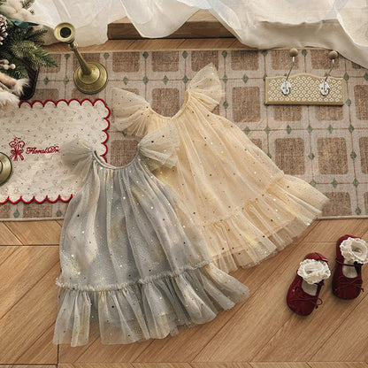 MyKids-USA® Baby Girls Fly Sleeves Stars Pattern Tulle Dress