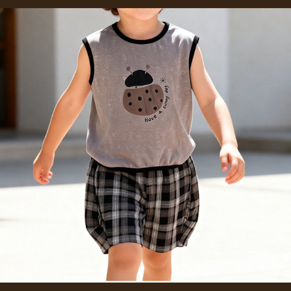 MyKids-USA® Baby Kids Boys Sleeveless Cartoon Pattern Vest and Plaid Shorts Clothing Set