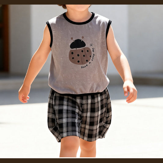 MyKids-USA® Baby Kids Boys Sleeveless Cartoon Pattern Vest and Plaid Shorts Clothing Set