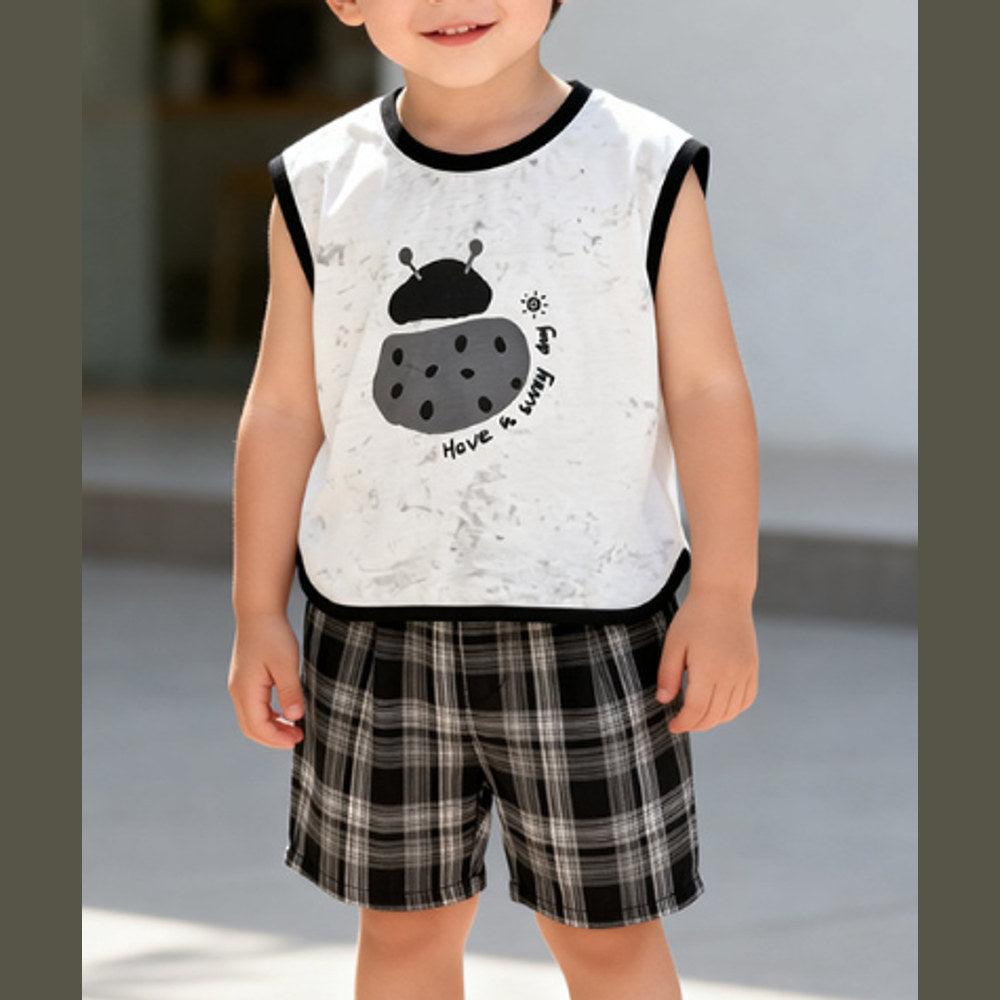 MyKids-USA® Baby Kids Boys Sleeveless Cartoon Pattern Vest and Plaid Shorts Clothing Set