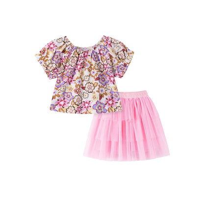 MyKids-USA® Baby Kids Girls Short Sleeves Floral Pattern Top and Plain Skirt Clothing Set