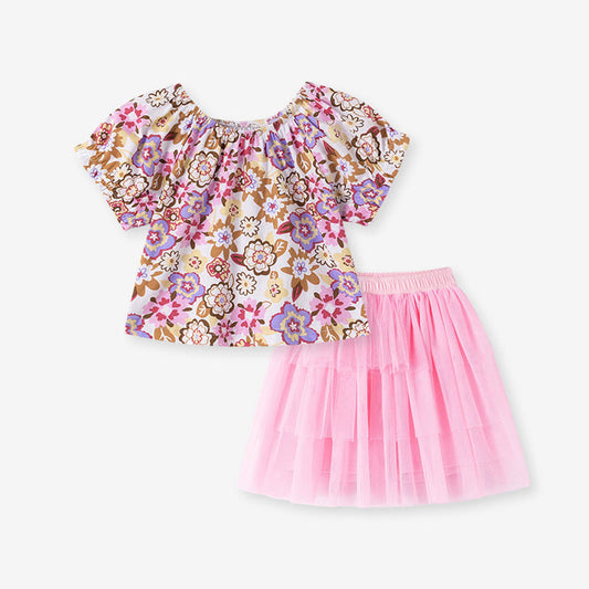 MyKids-USA® Baby Kids Girls Short Sleeves Floral Pattern Top and Plain Skirt Clothing Set