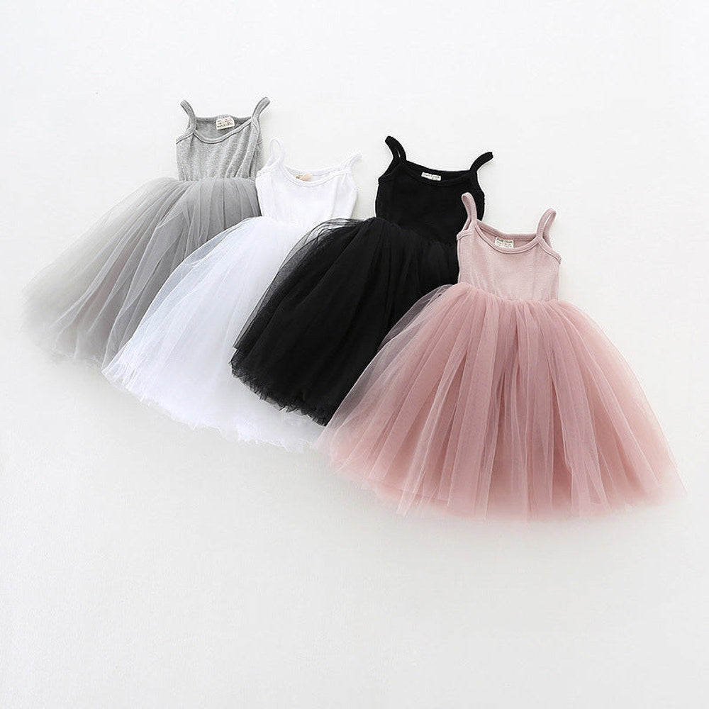 MyKids-USA® Baby Kids Girls Sleeveless Plain Tulle Patchwork Strap Dress
