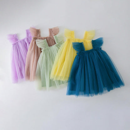 MyKids-USA® Baby Kids Girls Fly Sleeves Plain Tulle Strap Dress