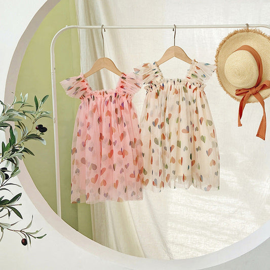 MyKids-USA® Baby Kids Girls Fly Sleeves Hearts Pattern Tulle Dress