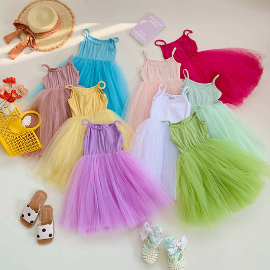 MyKids-USA® Baby Kids Girls Sleeveless Plain Tulle Patchwork Strap Dress