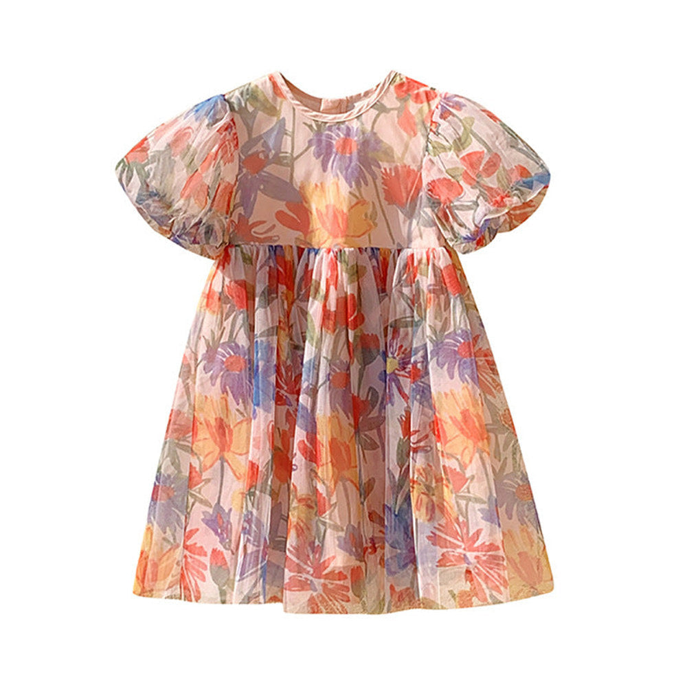 MyKids-USA® Baby Kids Girls Short Sleeves Flowers Pattern Tulle Dress