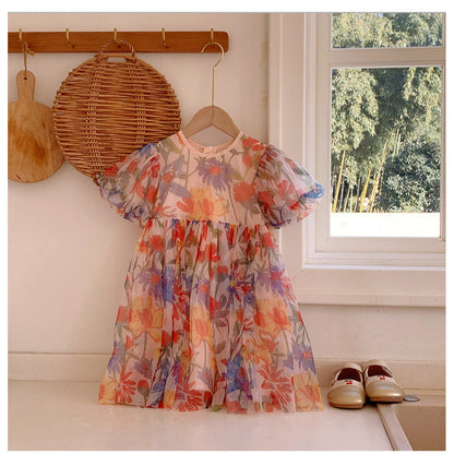 MyKids-USA® Baby Kids Girls Short Sleeves Flowers Pattern Tulle Dress