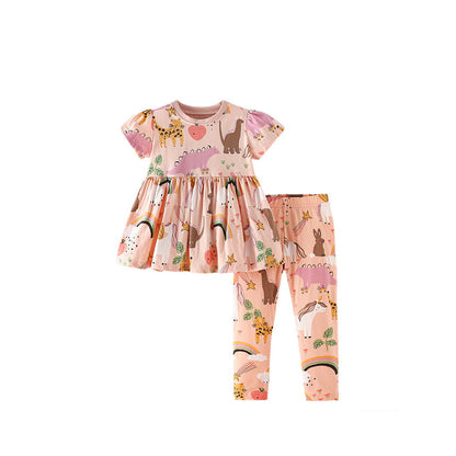 MyKids-USA® Baby Kids Girls Short Sleeves Cartoon Pattern Top and Pink Pants Clothing Set