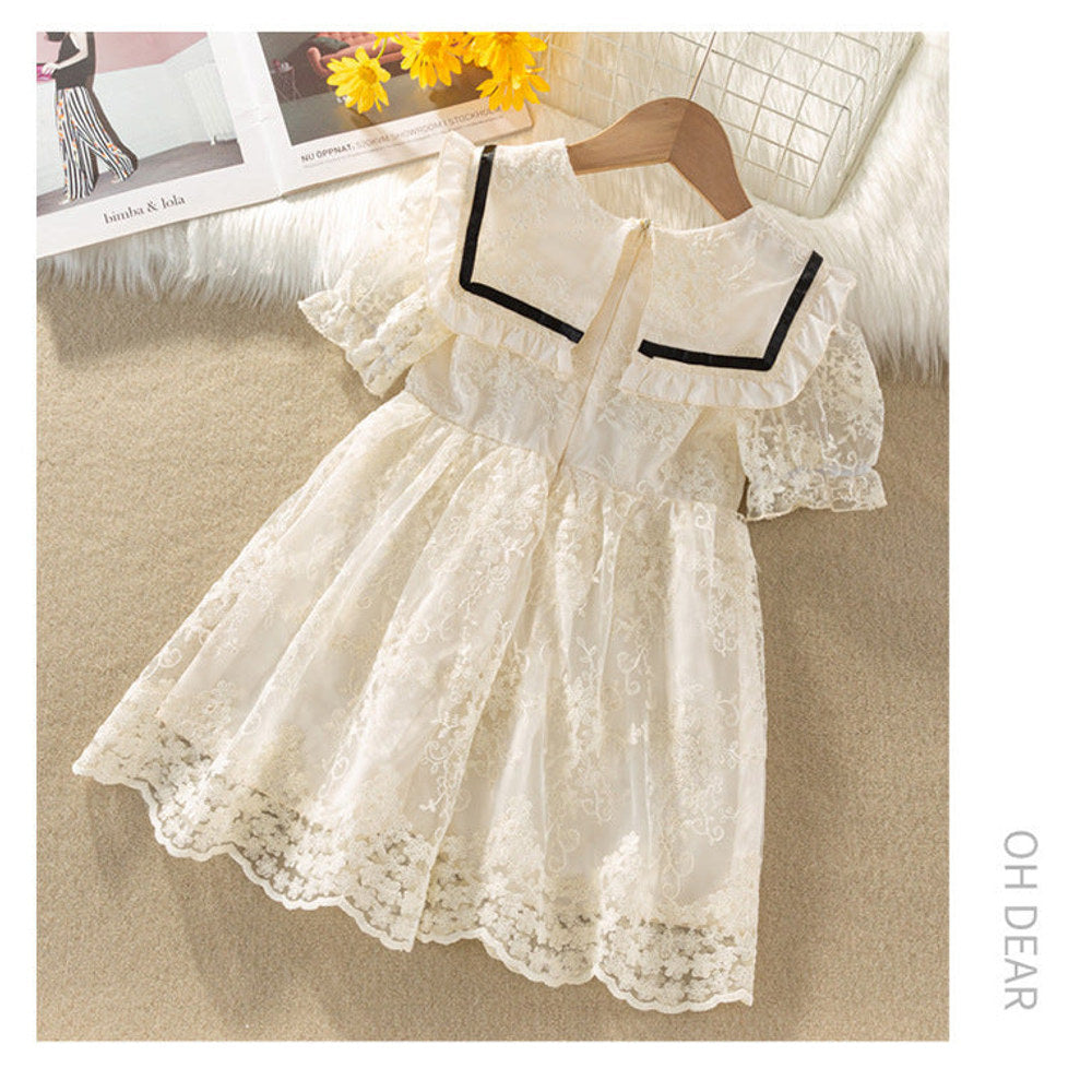 Summer Arrival Baby Girls Short Sleeves Flowers Pattern Embroidered Tulle Dress