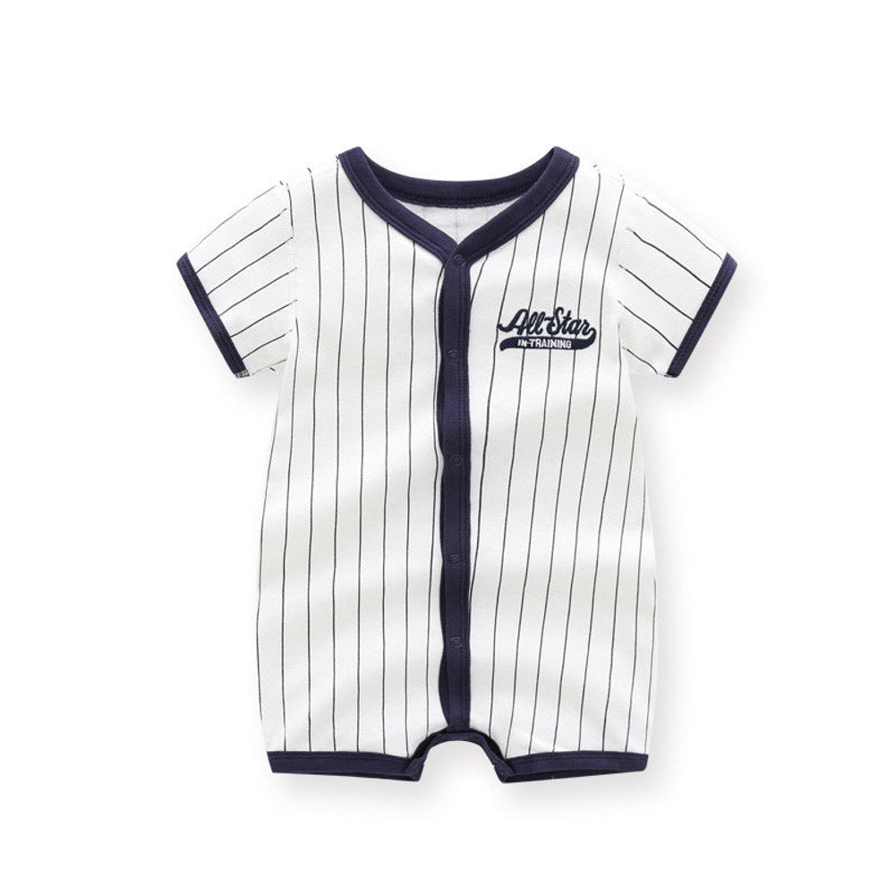 Summer Arrival Baby Boys Short Sleeves Striped and Letters Pattern Rompers Bodysuits