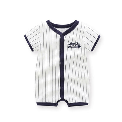 Summer Arrival Baby Boys Short Sleeves Striped and Letters Pattern Rompers Bodysuits