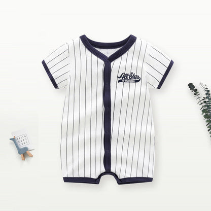 Summer Arrival Baby Boys Short Sleeves Striped and Letters Pattern Rompers Bodysuits