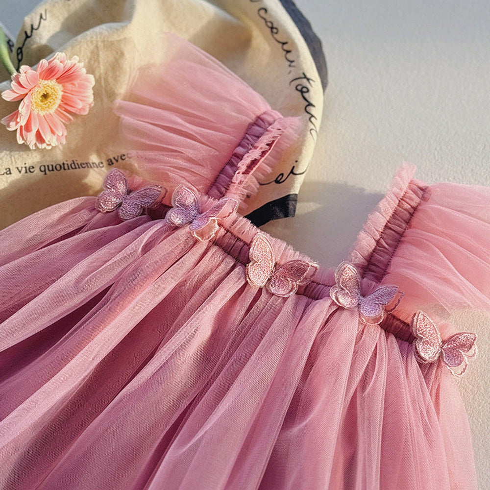 Summer Baby Kids Girls Fly Sleeves Butterfly Pattern Tulle Strap Dress