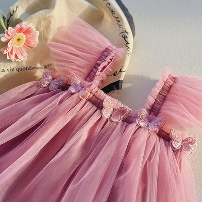 Summer Baby Kids Girls Fly Sleeves Butterfly Pattern Tulle Strap Dress