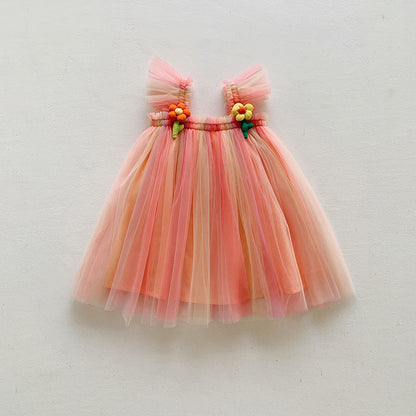Summer Baby Kids Girls Fly Sleeves Flowers Pattern Gradient Tulle Strap Dress