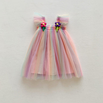 Summer Baby Kids Girls Fly Sleeves Flowers Pattern Gradient Tulle Strap Dress